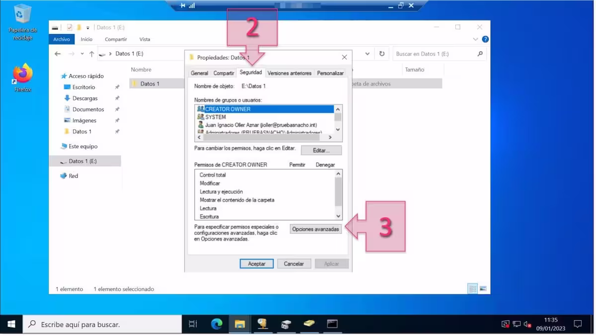 Configuración de permisos NTFS: Seleccionamos la pestaña de seguridad y opciones avanzadas