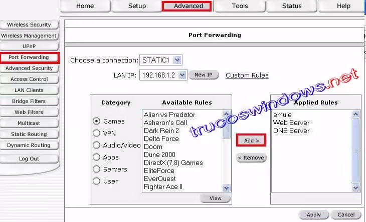 Router Ovislink DR-WG4S-Pestaña Advanced