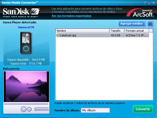 Software reproductor MP3 Sandisk Sansa e270 6 GB