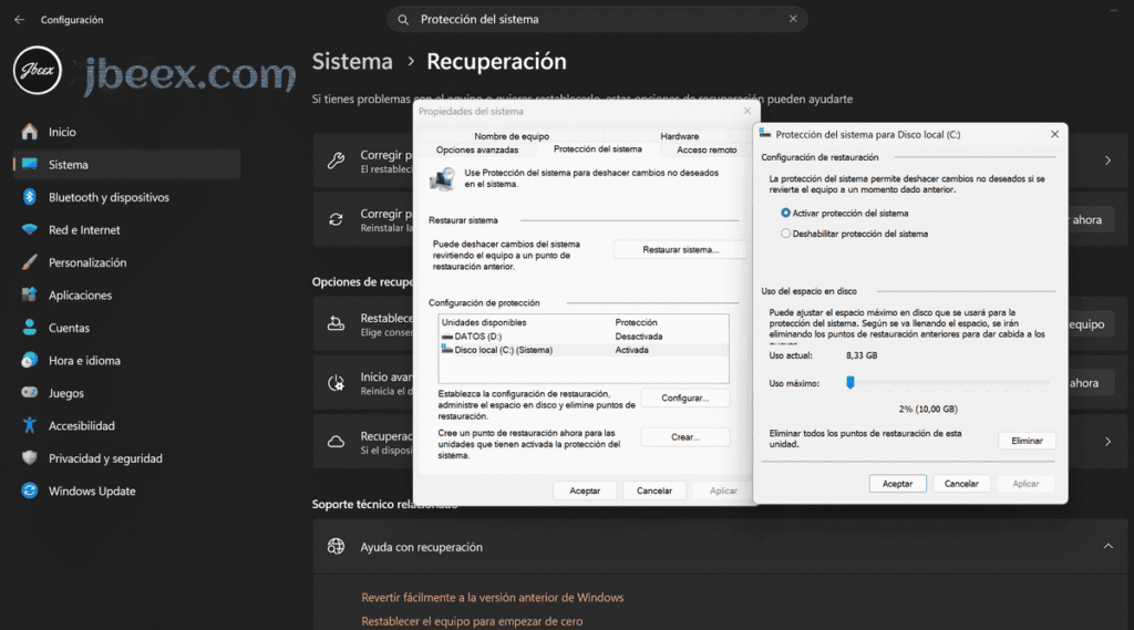 Activar o desactivar Restaurar sistema en Windows 11