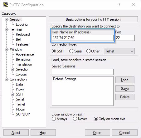 Imagen configuración conexión acceder mediante la clave SSH con PuTTy