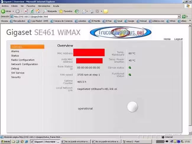 Configuracion del Router Wimax Gigaset SE 461 Panel inicial