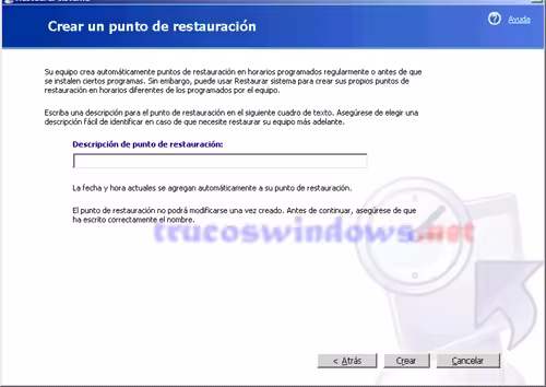 Crear un punto de restauración de sistema en Windows XP