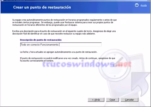 Crear un punto de restauracion en Windows XP Descripción